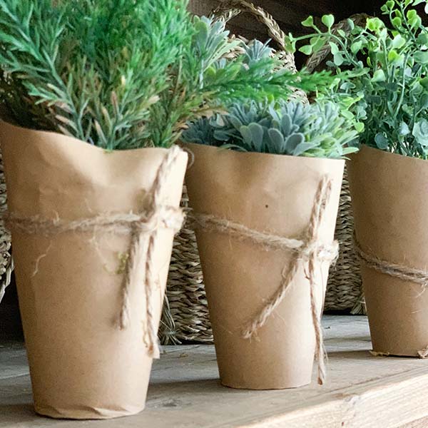 Faux Plants in Paper Wrapped Pots, Set of 4
