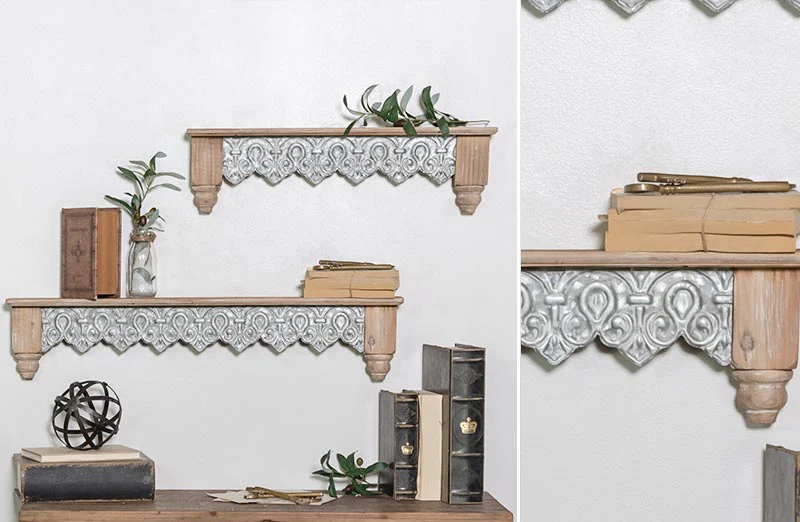 Wood and Tin Filigree Shelf  Set of 2