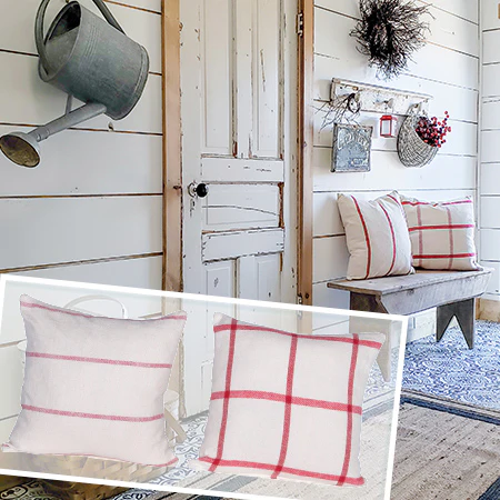 Brushed Cotton Cream and Red Pillows, Set of 2