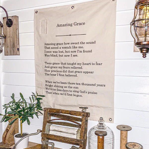 35 Inch LARGE Handsewn Feedsack Amazing Grace Wall Art