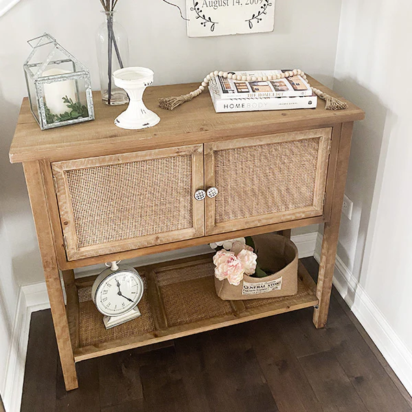 Wood and Rattan Storage Table