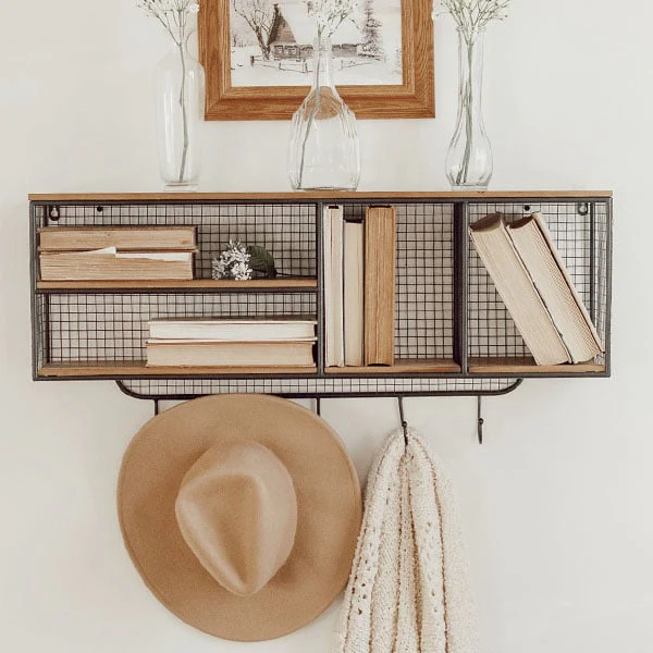Wood Shelf With Four Wire Mesh Cubbies