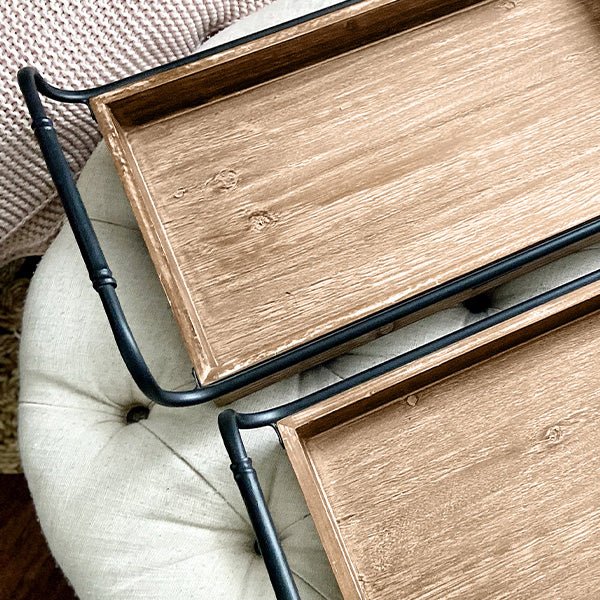 Weathered Wooden Trays with Rounded Metal Handles, Set of 2