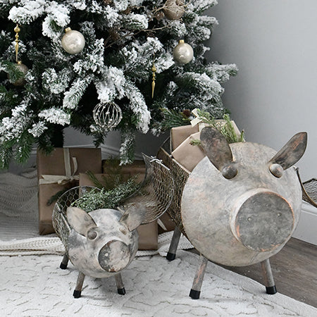 Galvanized Pig Storage Baskets, Set of 2