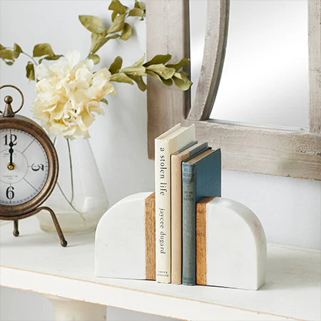 Rounded Marble and Wood Bookends, Set of 2