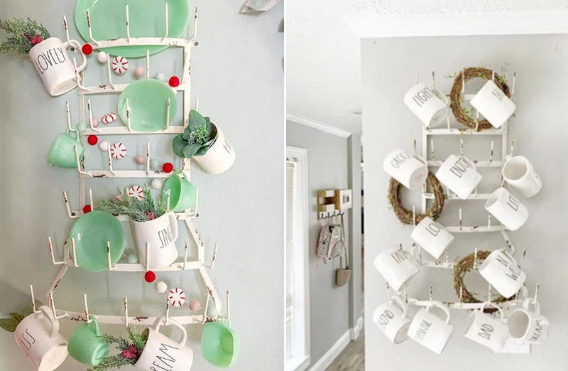 Wall Mounted White Distressed Metal Mug Rack