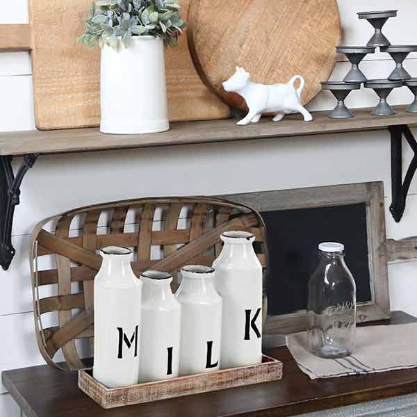 Distressed Enamel Milk Bottles With Wood Tray