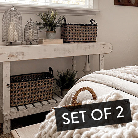 Handmade Woven Seagrass Baskets with Handles, Set of 2