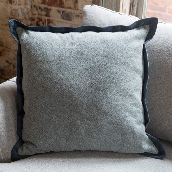 Blue Washed Cotton & Velvet Flange Pillow
