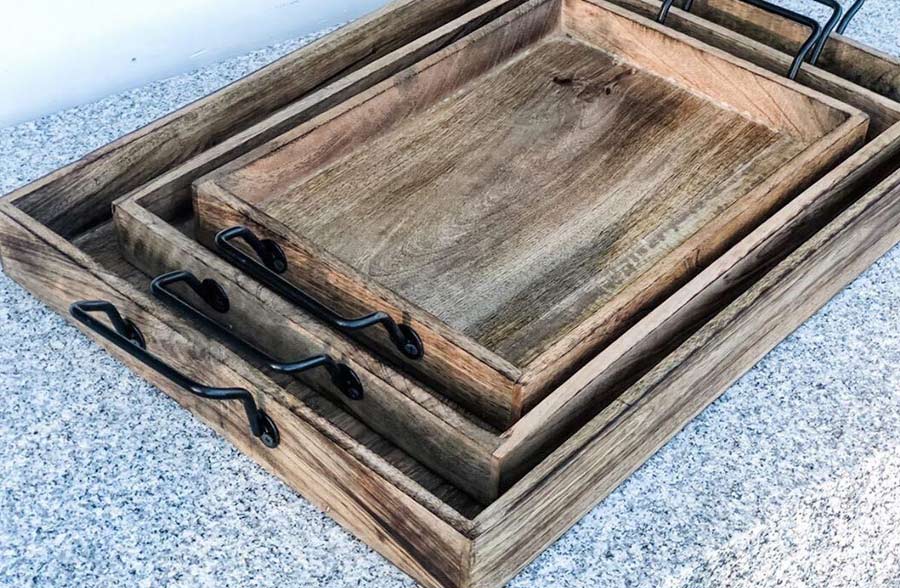 Wooden Tray with Handles, Set of 3