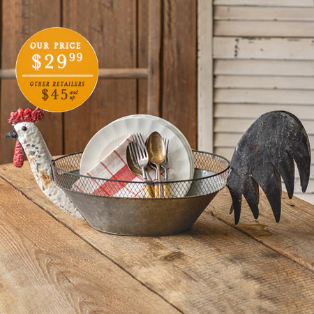 Galvanized Rooster Bowl with Chicken Wire