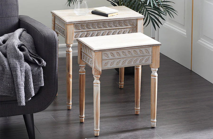 Carved Wooden Nesting Side Tables, Set of 2