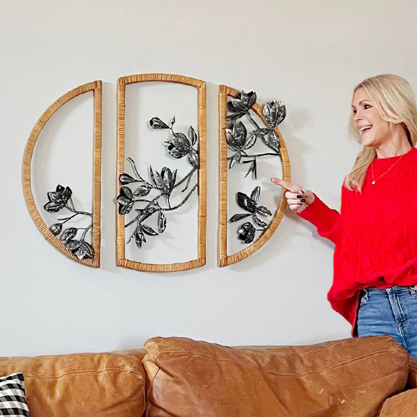 Three Piece Semicircular Metallic Floral Rattan Framed Wall Art