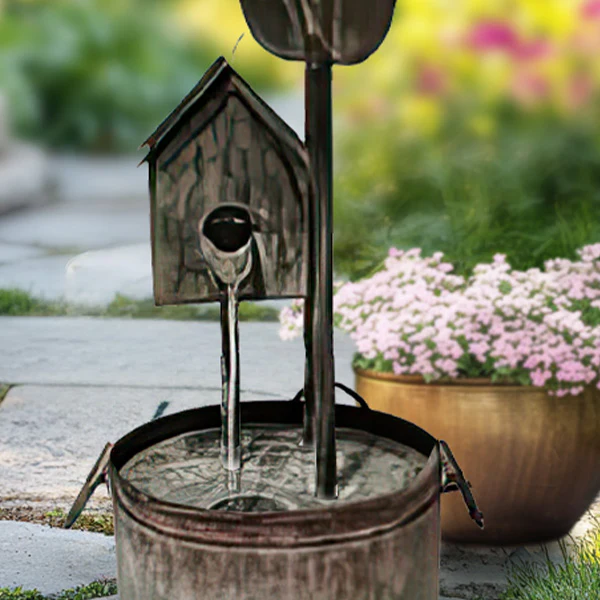 32 Inch Galvanized Rustic Metal Birdhouse Garden Fountain