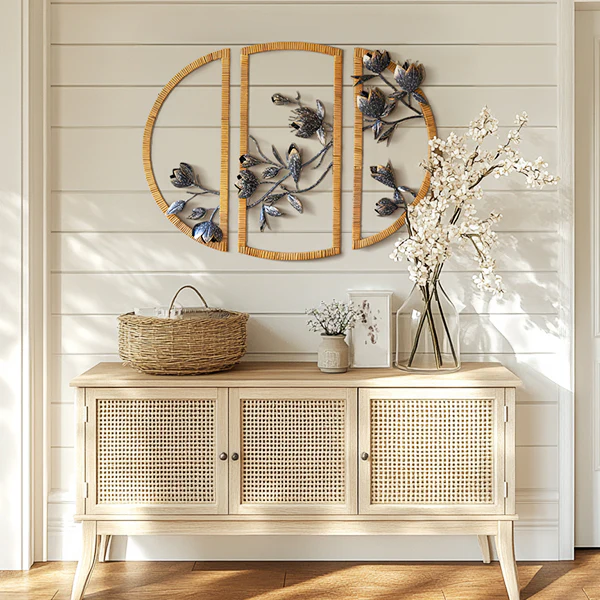 Three Piece Semicircular Metallic Floral Rattan Framed Wall Art