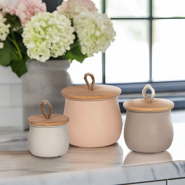 Multi-Color Metal Storage Containers with Bamboo Lids, Set of Three