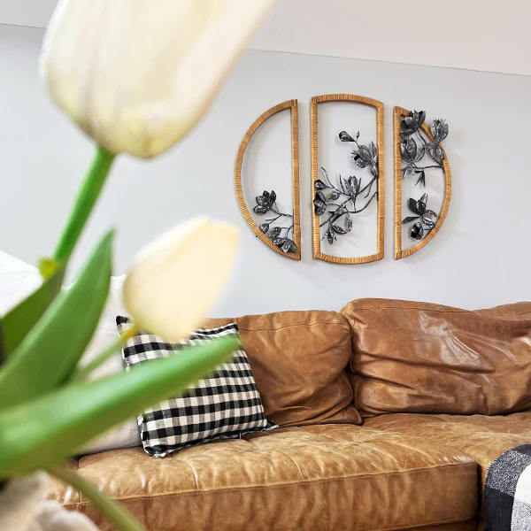 Three Piece Semicircular Metallic Floral Rattan Framed Wall Art