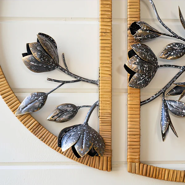 Three Piece Semicircular Metallic Floral Rattan Framed Wall Art