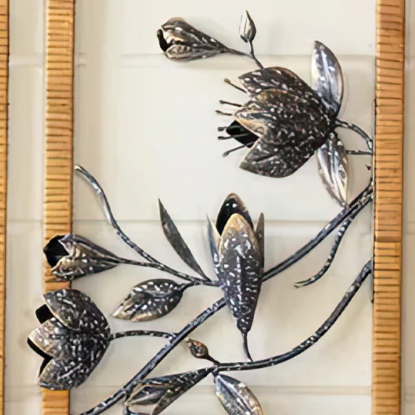 Three Piece Semicircular Metallic Floral Rattan Framed Wall Art