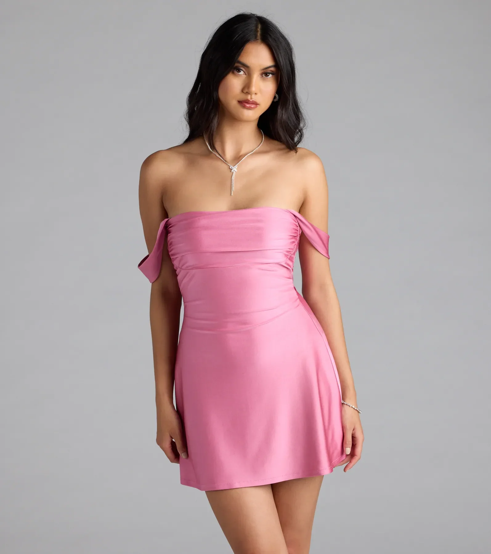 Classics Lover Off-The-Shoulder Satin A-Line Mini Dress