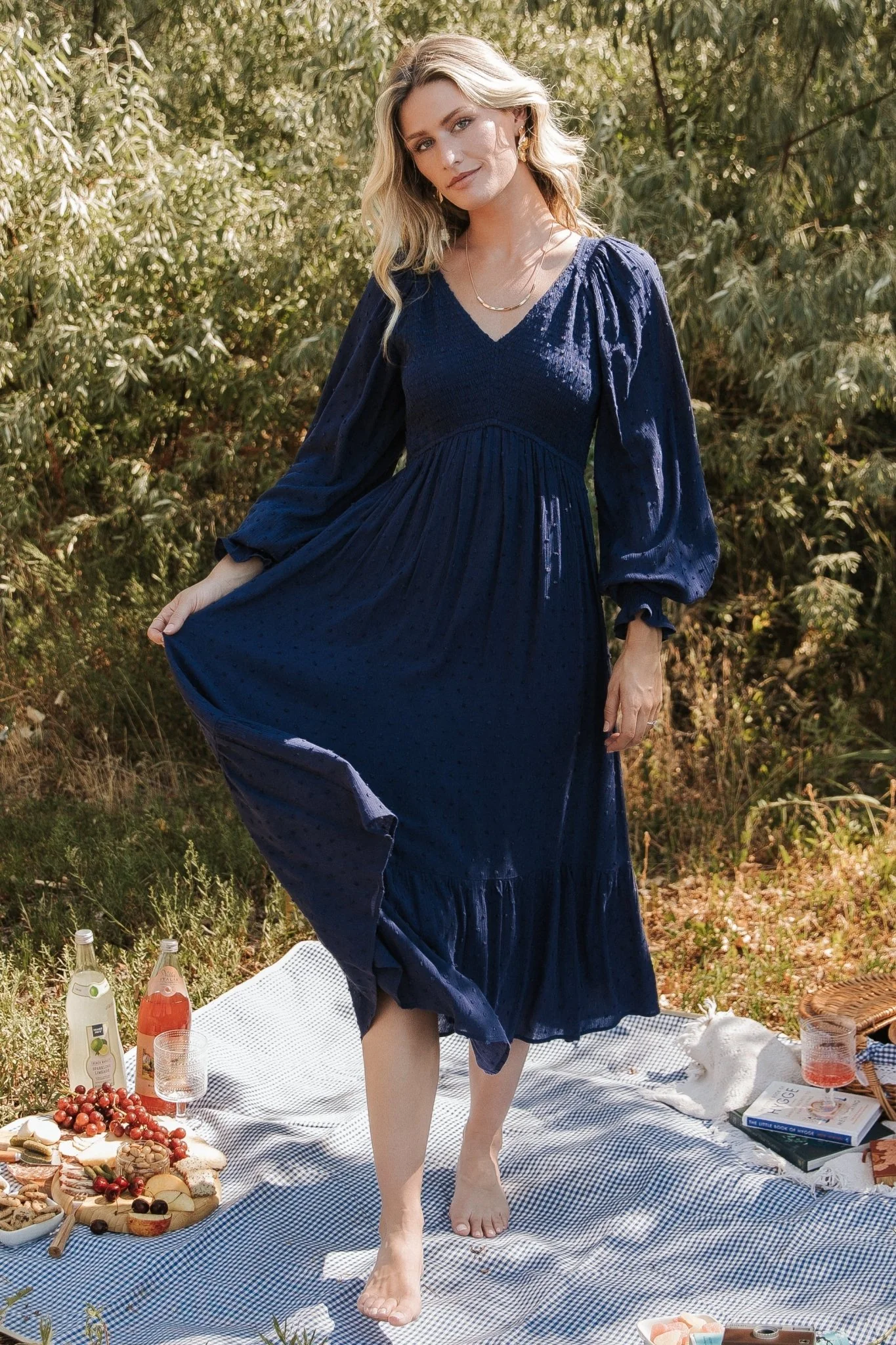 Lainey Smocked Dotted Midi Dress | Midnight Blue