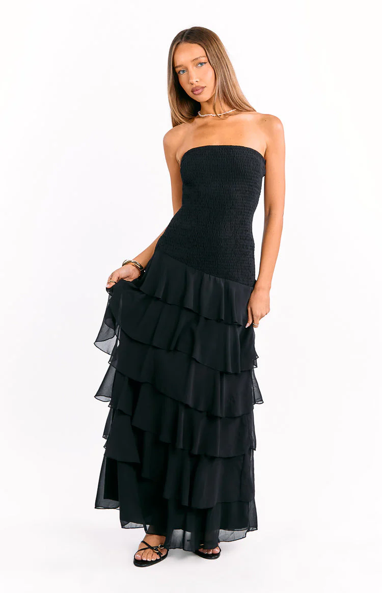 Riles Black Strapless Ruffle Maxi Dress