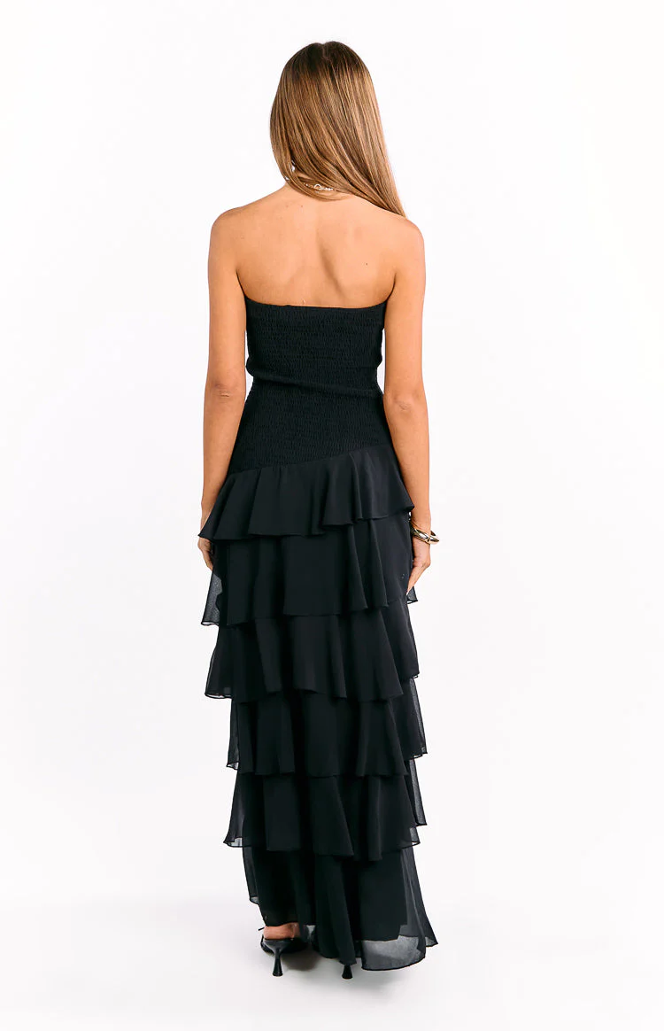 Riles Black Strapless Ruffle Maxi Dress