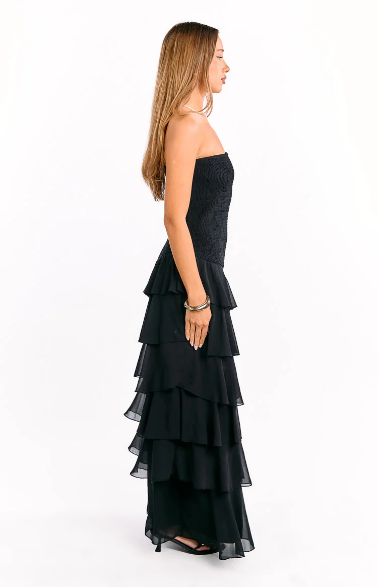 Riles Black Strapless Ruffle Maxi Dress