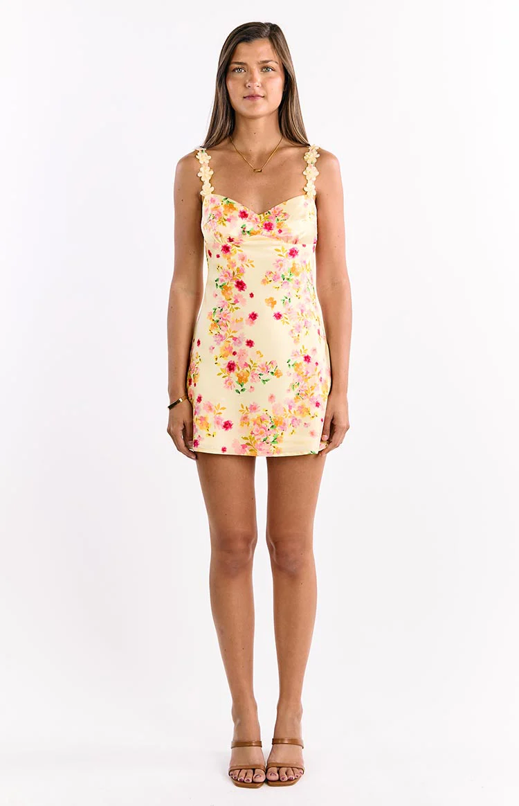 Marbelle Yellow Bloom Satin Mini Dress