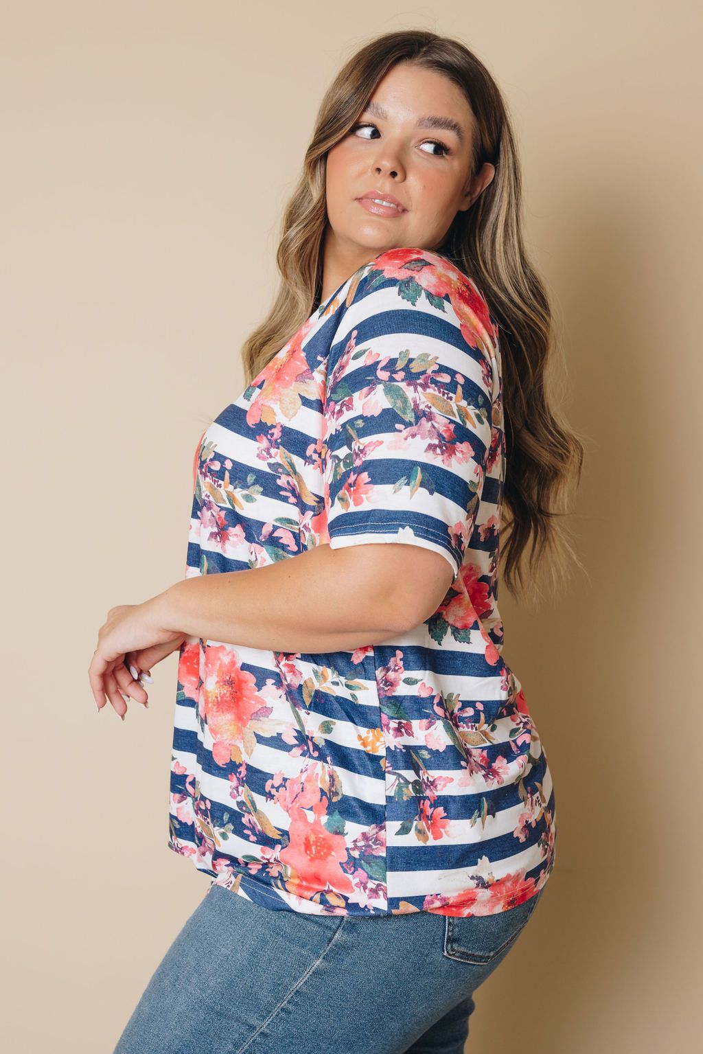 Plus Size - Striped Floral Knot Tee