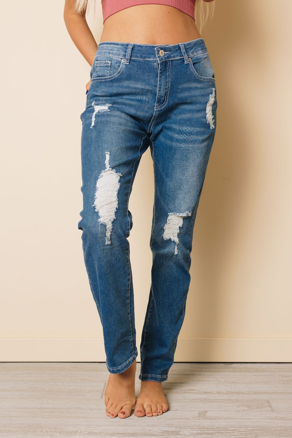 Kurt Mid Rise Distressed Girlfriend Jeans