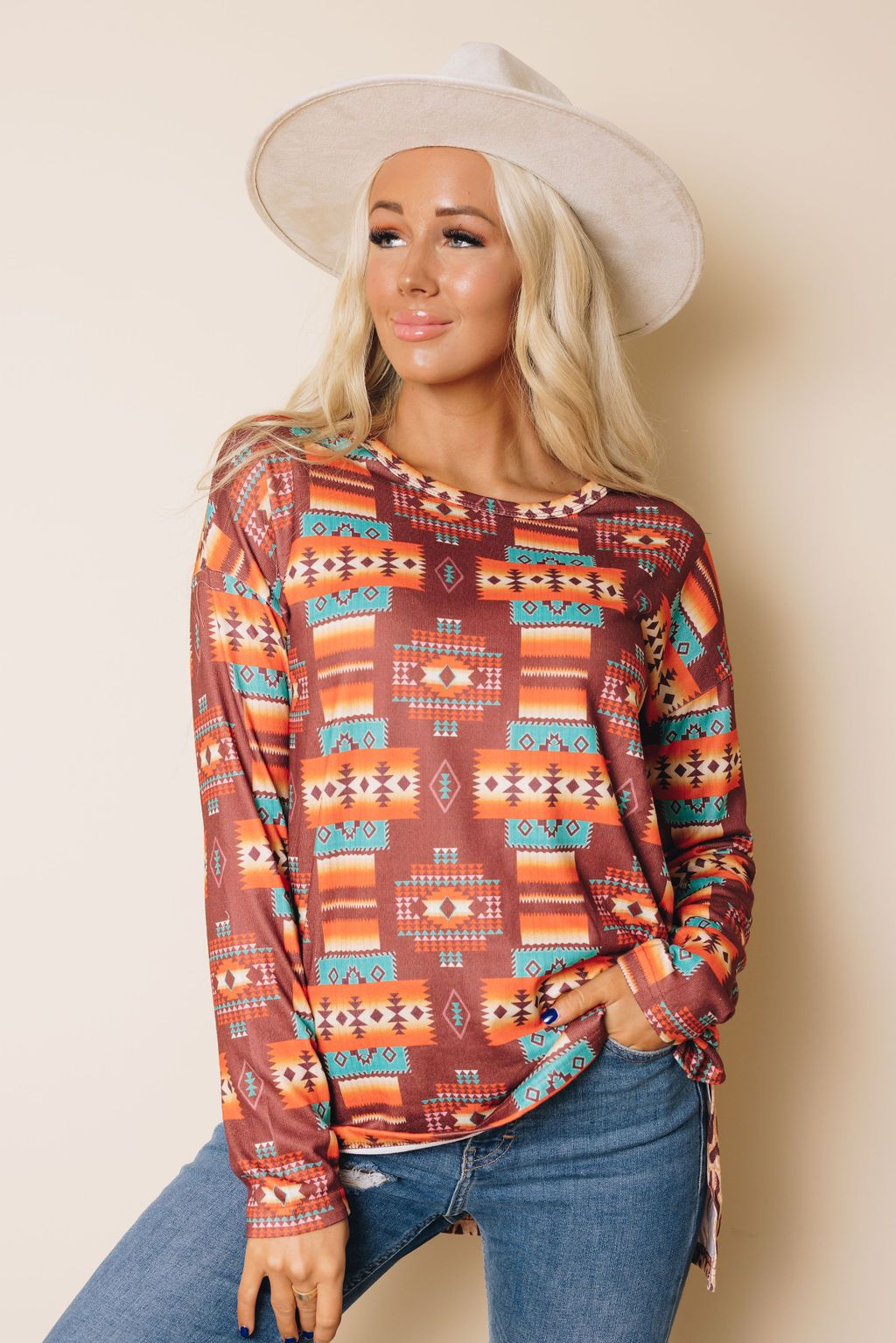 Multicolor Aztec Leopard Patchwork Side Split Pullover Top