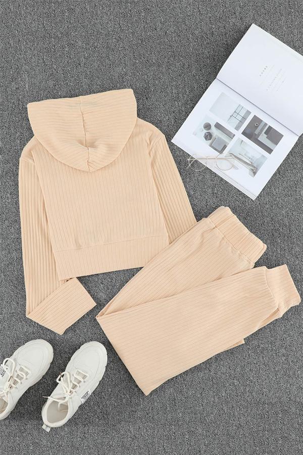 Ribbed Knit Cropped Hoodie and Jogger Set