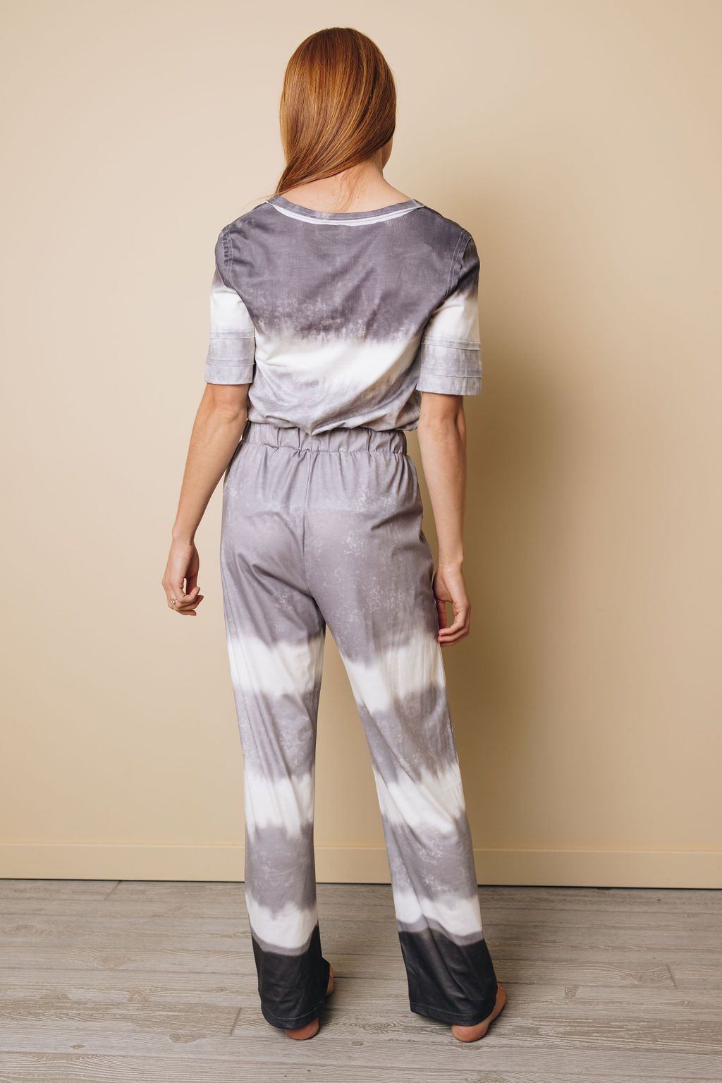 Abba Tie-dye V-Neck Top Elastic Waist Pants Set