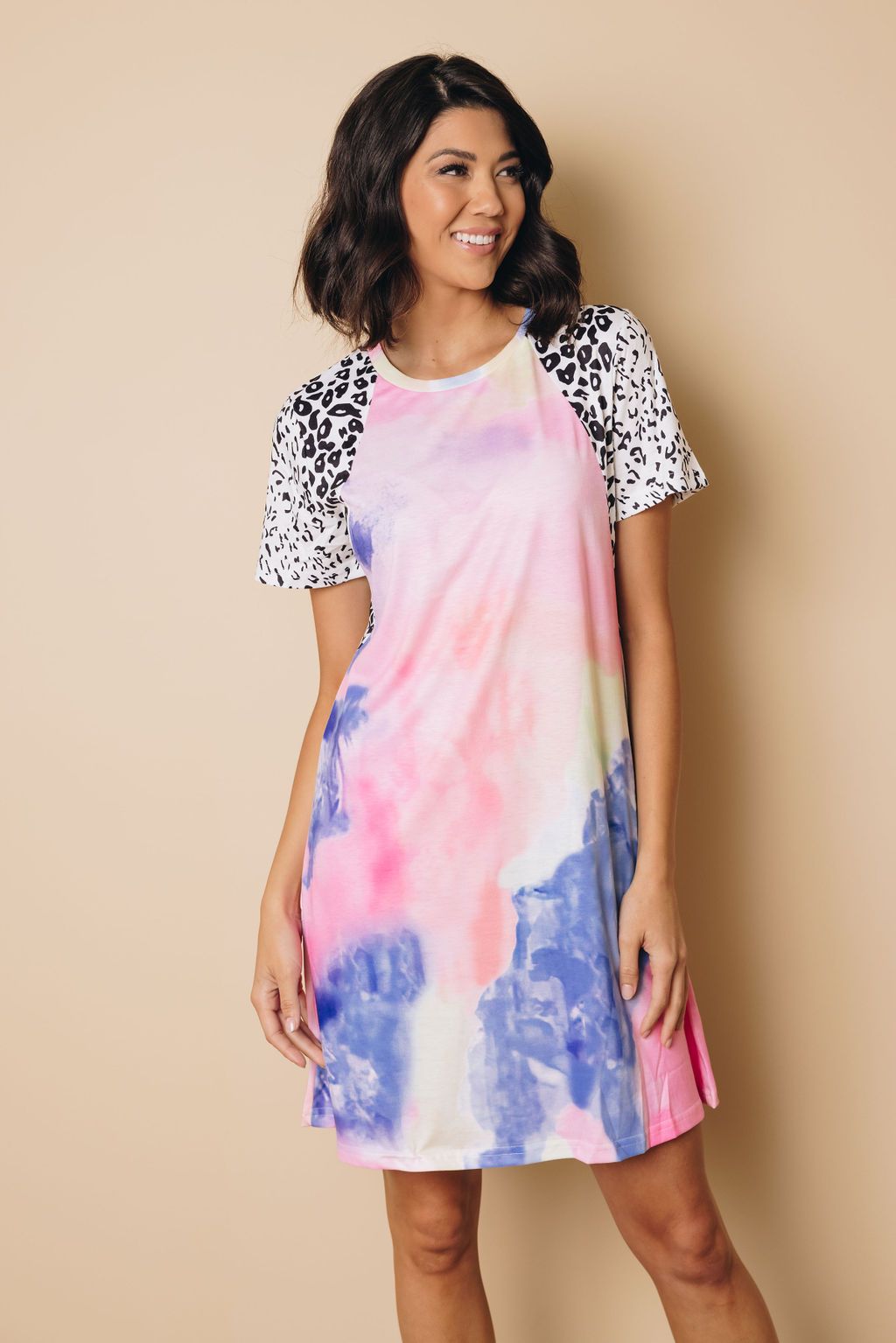 Tie Dye Leopard Splicing O-Neck Mini Dress