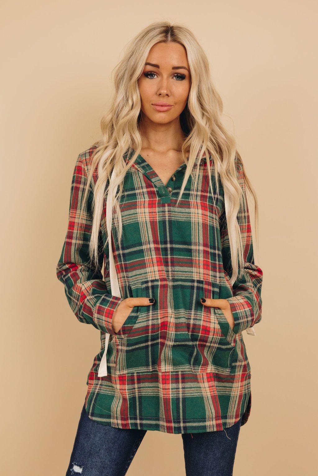 Sarah Olivia Plaid Hooded Tunic Top