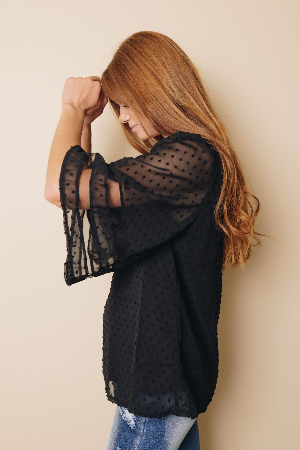 Stripes Kimono Sleeve Swiss Dot Blouse