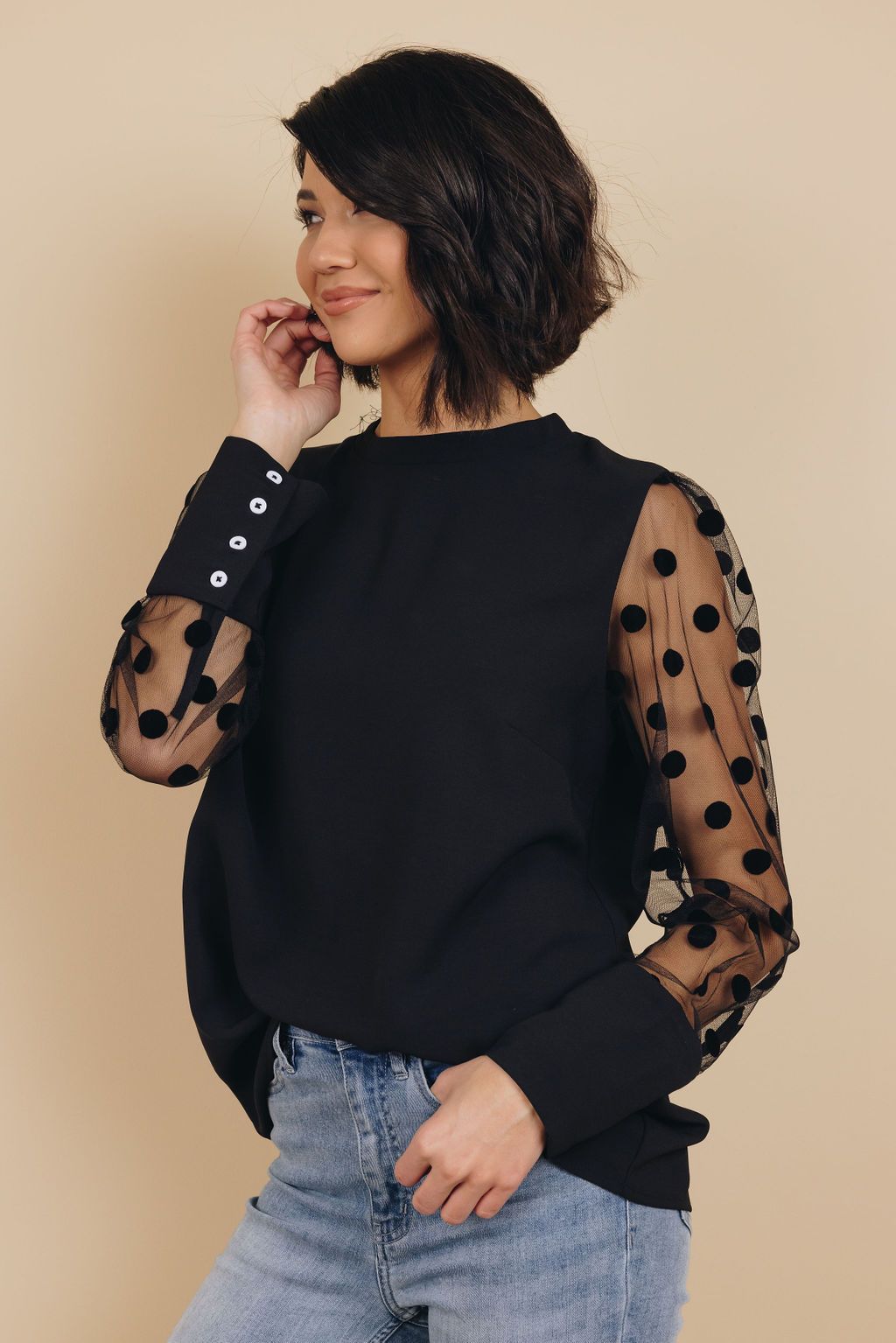 Workin' Me Dotted Sleeve Blouse