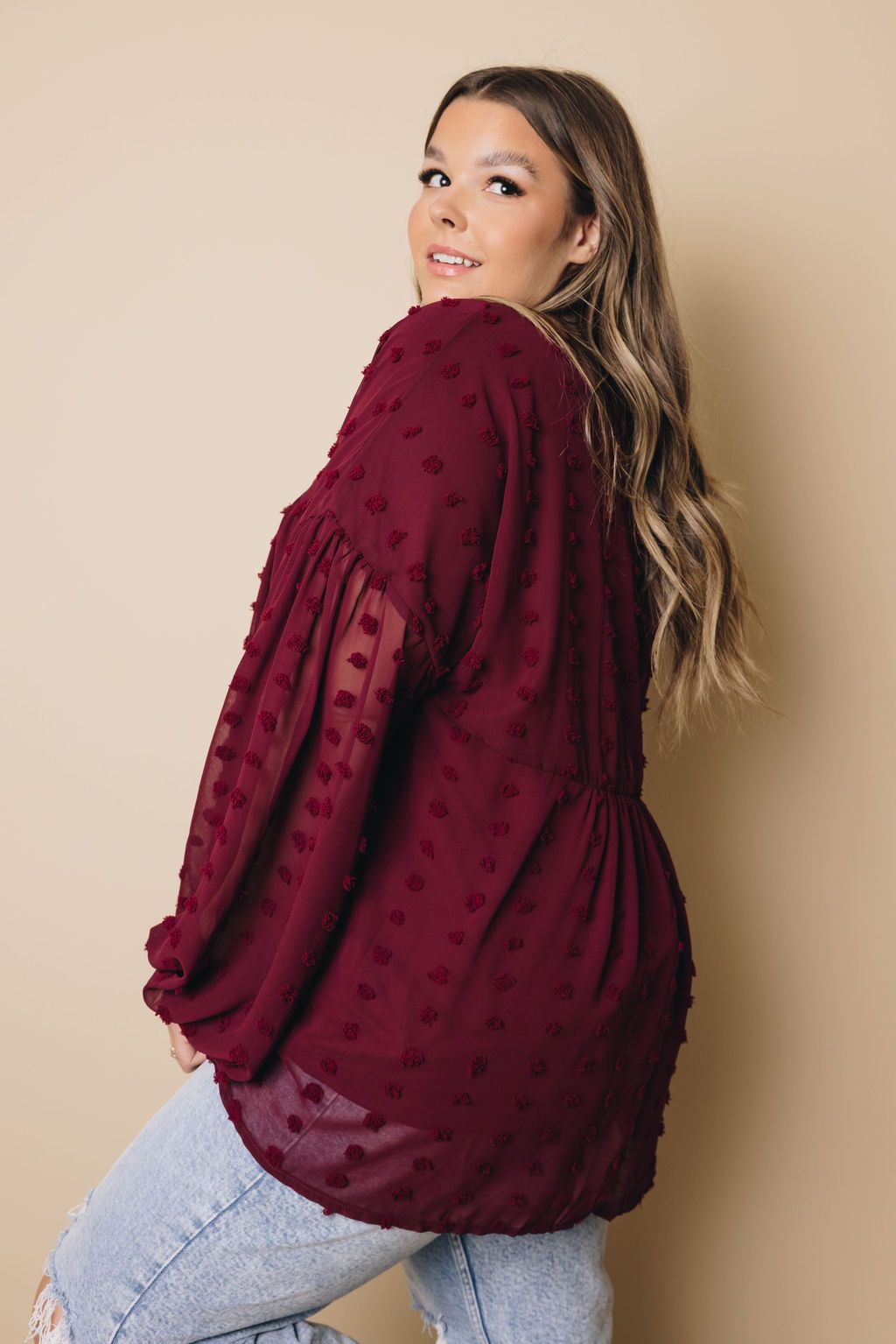 Plus Size - Dinah Swiss Dot Long Sleeve Top