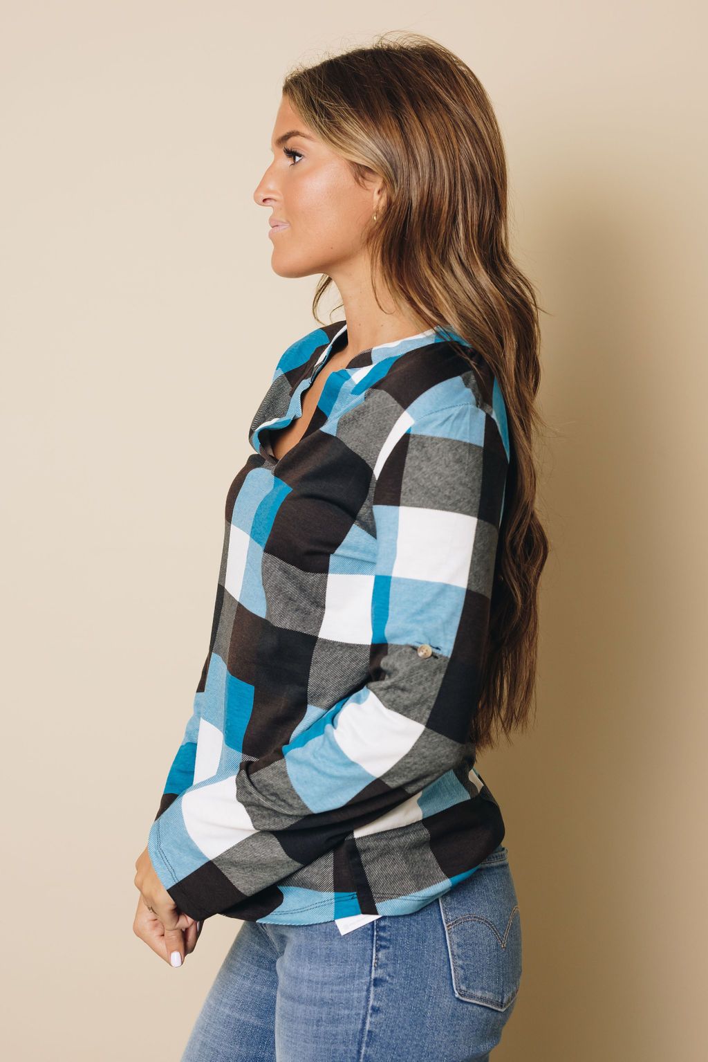 Duches Contrast Plaid Long Sleeve Top