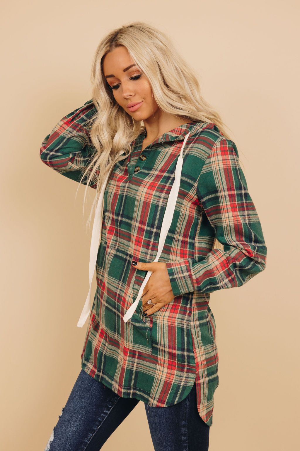 Sarah Olivia Plaid Hooded Tunic Top