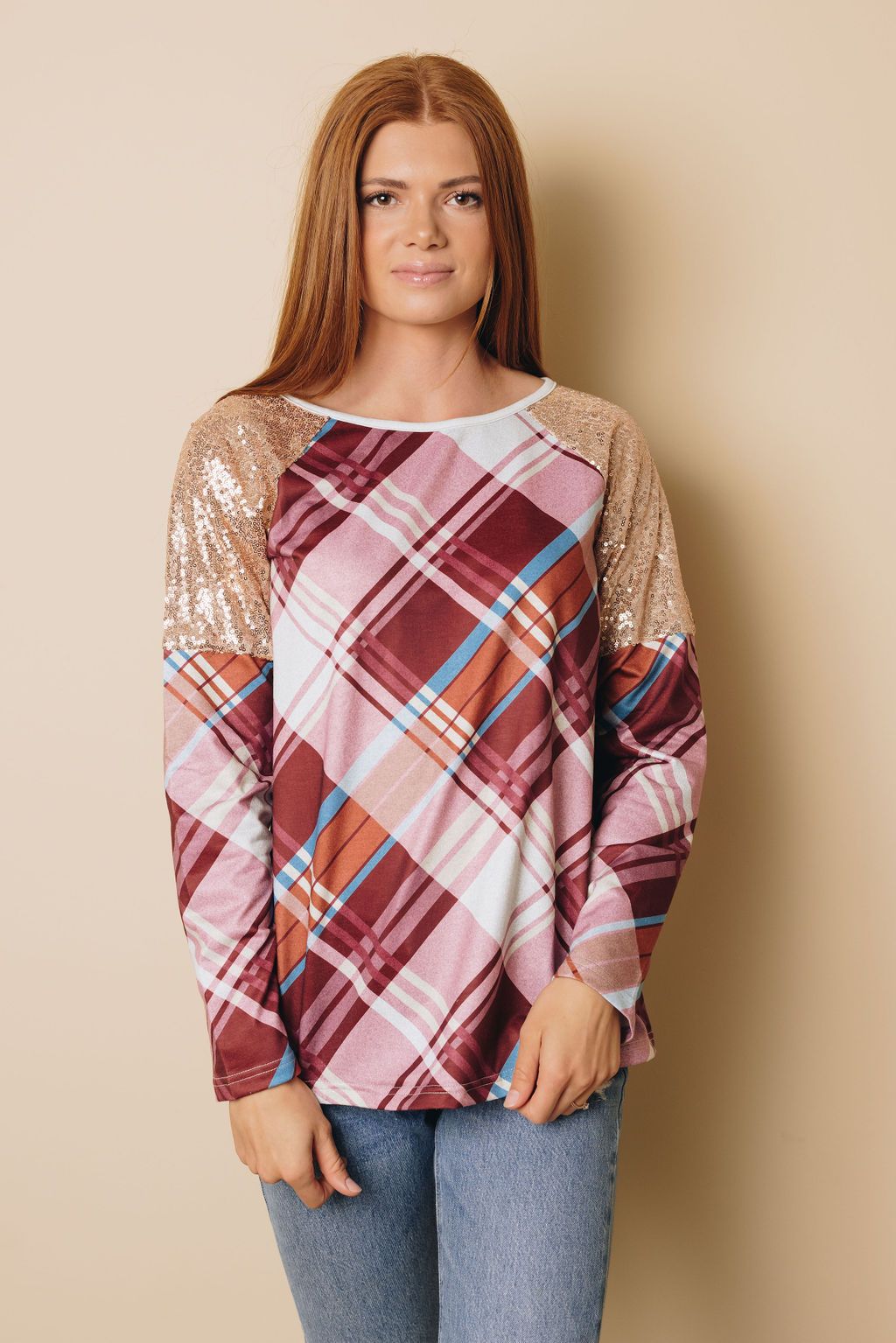 Sequin Shoulder Splicing Print Long Sleeve Top