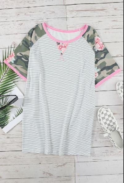 Plus Size Print Sleeve Striped Tee