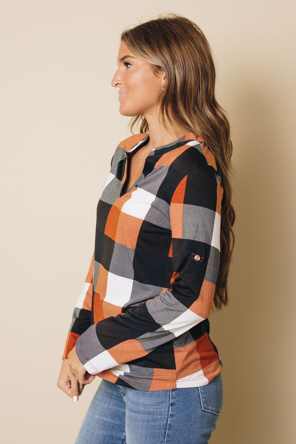 Duches Contrast Plaid Long Sleeve Top