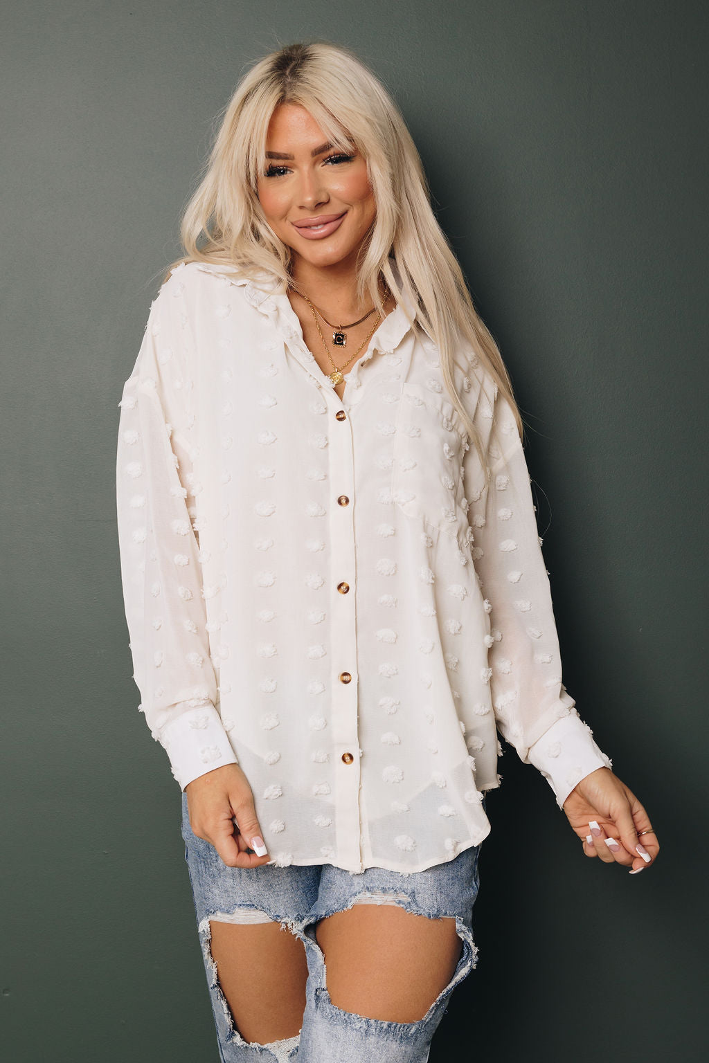 Hilly Swiss Dot Button Up Top