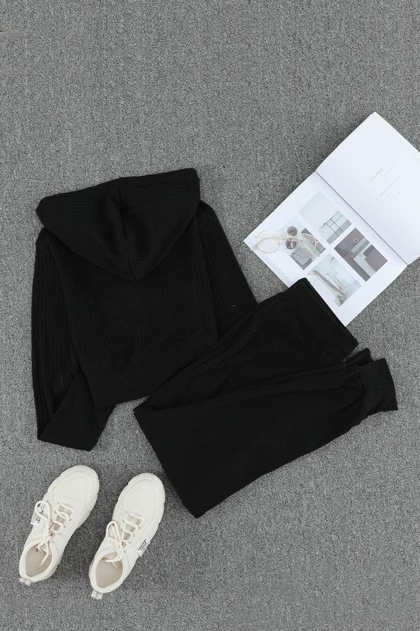 Ribbed Knit Cropped Hoodie and Jogger Set