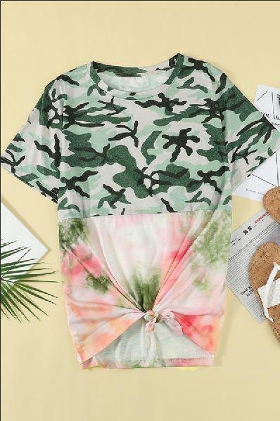 Camo Tie-dye Front Tie Plus Size Top