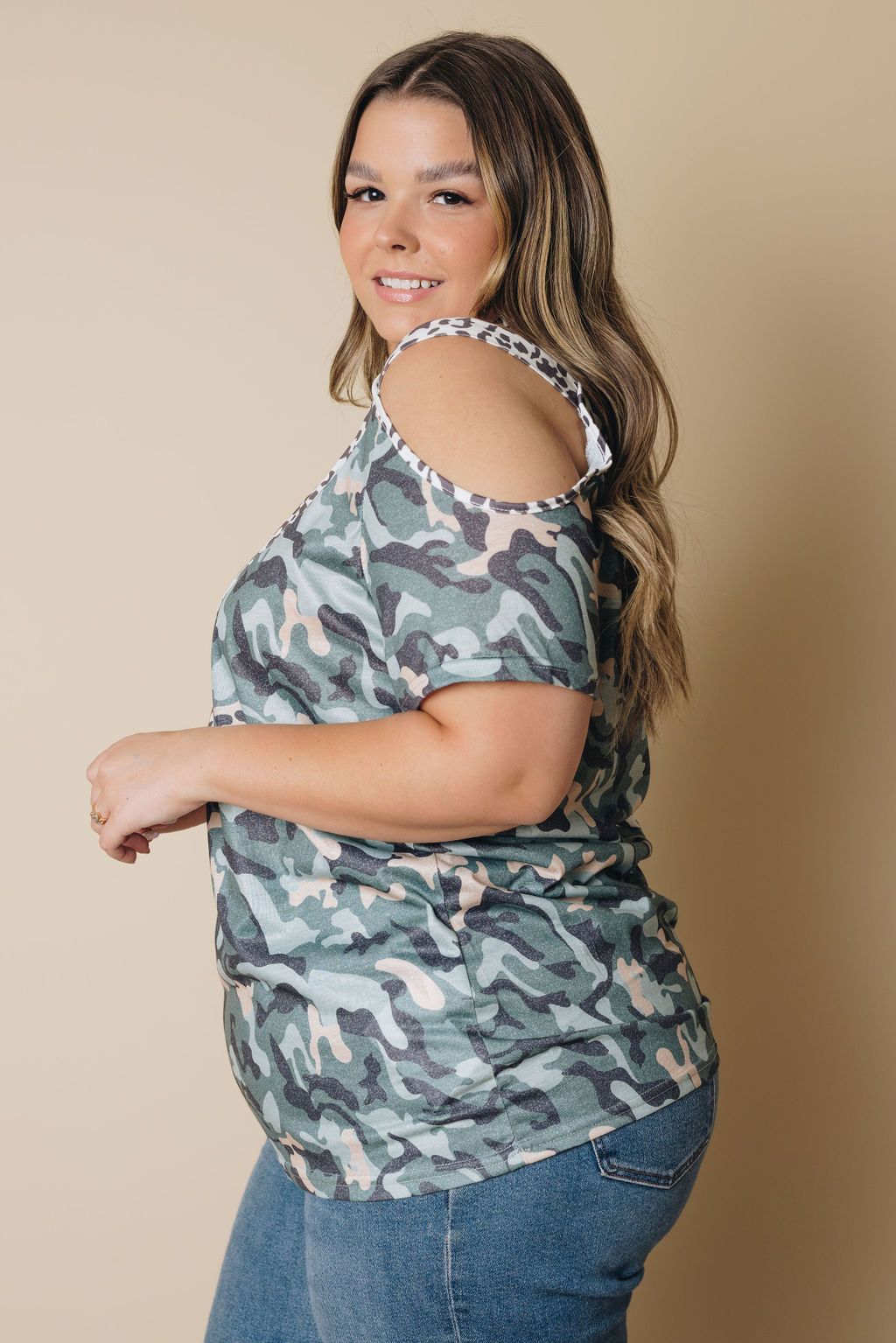 Plus Size - Shy Camo Cold Shoulder Top