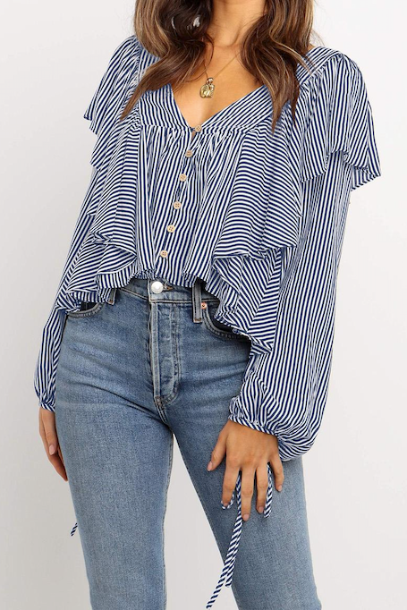City Stripes Ruffle Detail Top