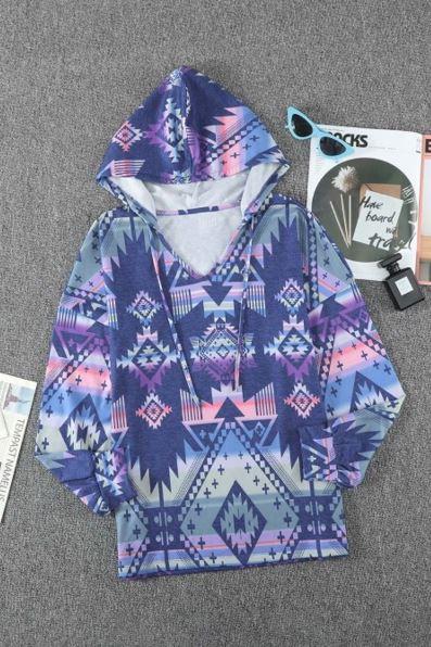 Blue Aztec Print Hoodie